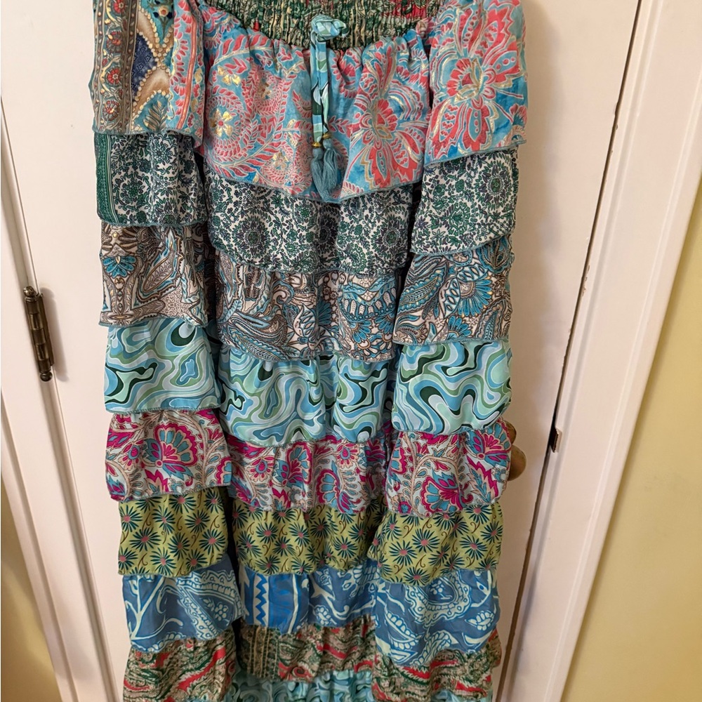 EARTHBOUND Teal Pink Green Patterned Tiered Maxi Skirt